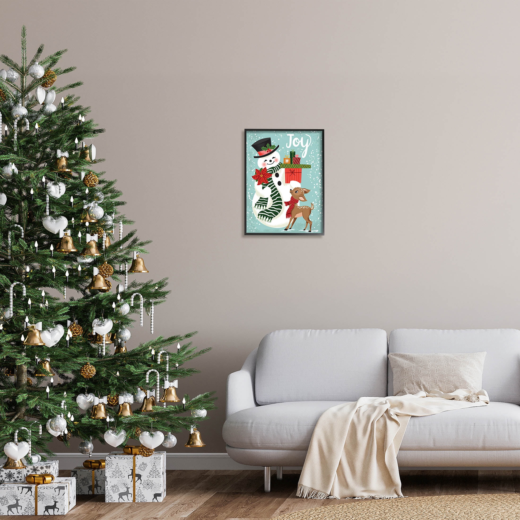 Joy Smiling Snowman Holiday Deer Holiday Graphic Art Black Framed Art Print Wall Art