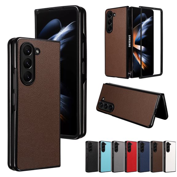 Plain Case for Samsung Galaxy Z Fold 6, Premium Lychee Patterned PU Leather Hard PC Shell Ultra Thin Slim Durable Protective Phone Cover for Samsung Galaxy Z Fold 6,Brown