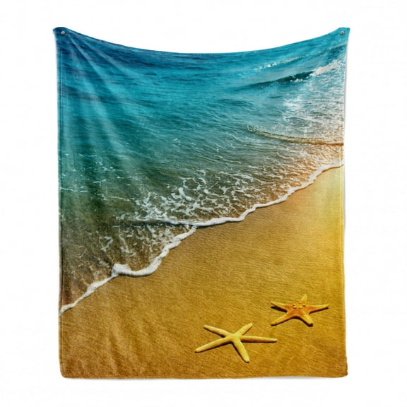 Landscape Soft Flannel Fleece Blanket, Tropical Island Beach Caribbean Atlantic Ocean Scenery Artwork Print, Cozy Plush for Indoor and Outdoor Use, 50" x 60", Pale Blue and Marigold, by Ambesonne