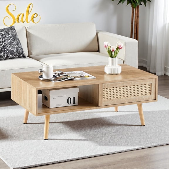 Tcbosik Modern Farmhouse Coffee Table in Natural, Bohemian Accent Center Table for Living Room, Rectangle Cocktail Tea Table with Sliding Rattan Door and Storage Shelf, 41.34"L x 21.65"W x 16.34"H