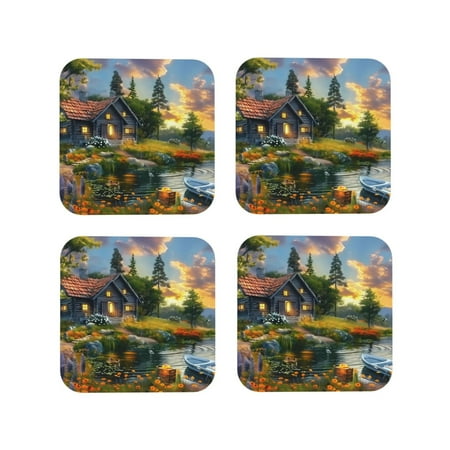 

Coasters Set of 4 - Cozy Cottage Lakeside Sunset Drink Coasters for Tabletop Protection Leather Coasters for Living Room Decor and Housewarming Gift Square