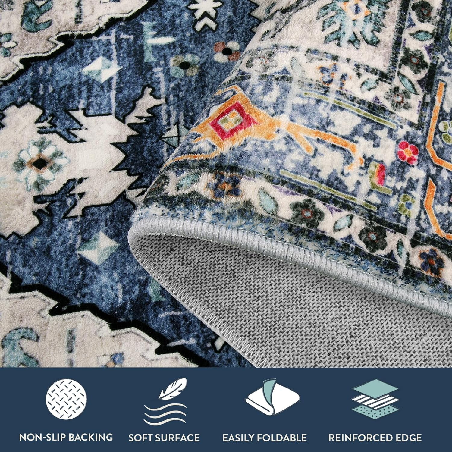 Wonnitar 3'x5' Boho Tribal Entryway Rug, Washable Area Rug for Kitchen Non Slip Stain Resistant, Low Pile Vintage Coastal Throw Rug for Bedroom Bathroom Laundry Room, Blue