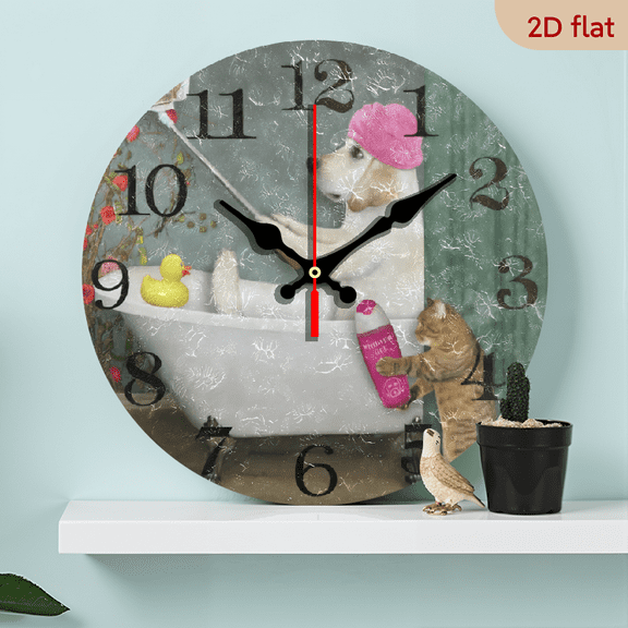 2D Flat 1pc 10Inch Wooden Bathroom Wall Clock Silent Non Ticking Wall Clock Decorative Battery Operated Rustic Dog Cat Bathtub Clock for Bathroom Home Office Bedroom Kitchen Art Clock MDF