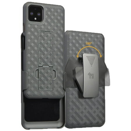 Case with Clip for Pixel 4, Nakedcellphone [Black Tread] Kickstand Cover with [Rotating/Ratchet] Belt Hip Holster Holder Combo for Google Pixel 4 Phone (2019)
