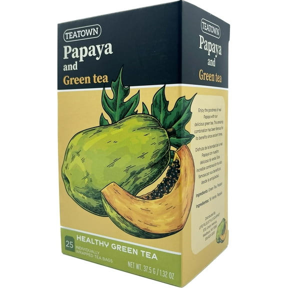 Premium Caffeinated Ceylon Papaya Green Tea Bags: 25 Count Individually Wrapped Teabags All-Natural Exotic Fruit Essence & Aroma Hot or Iced Tea Brew (25-Pack)