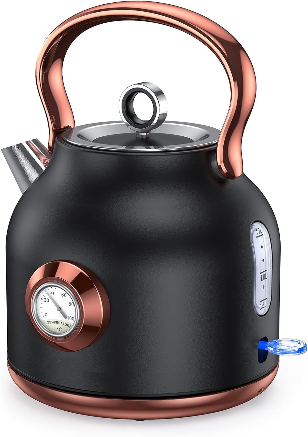 Retro Electric Kettle, 1.7L Stainless Steel Tea Kettle with Large Temperature Gauge, 1500W Fast Heating Hot Water Boiler with LED Indicator, Auto Shut-off & Boil-Dry Protection Black