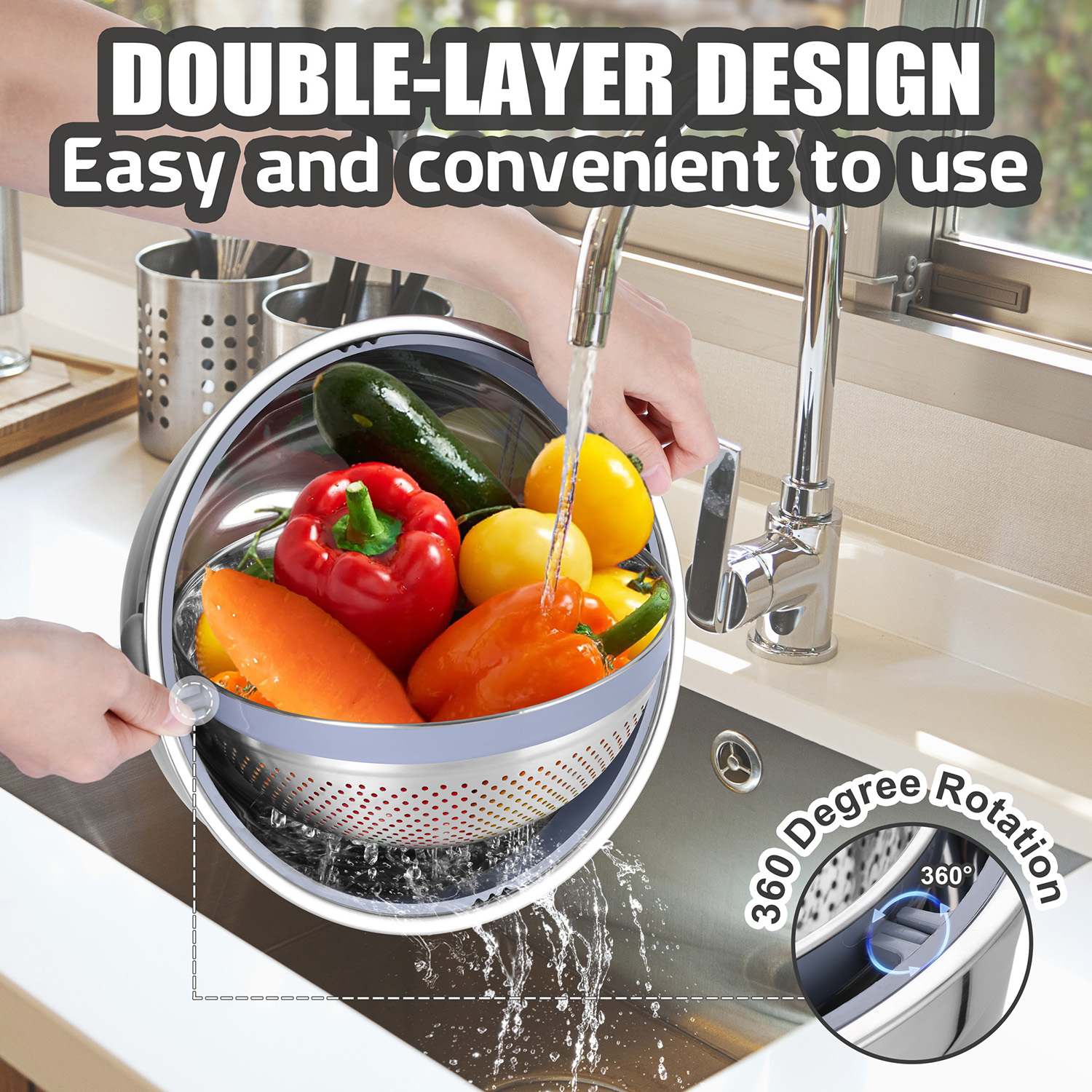 Vesteel 4-in-1 Colander and Mixing Bowl Set, Black photo 6