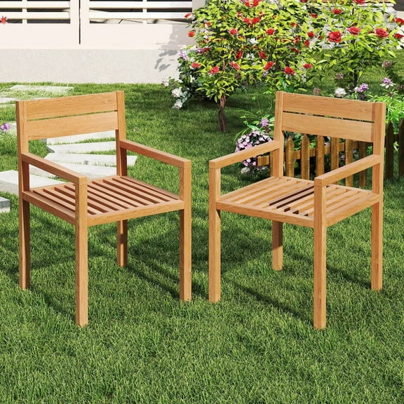 Auranook 2 PCS Outdoor Teak Wood Chair Patio Dining Armchair w/ Slatted Seat & Backrest