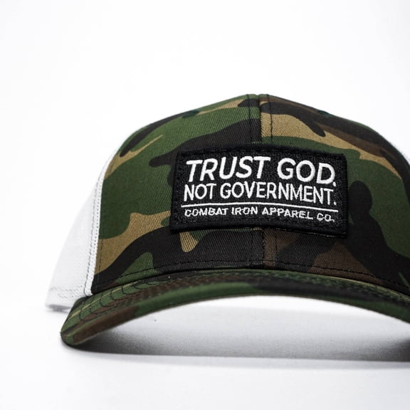 Combat Iron Trust God. Not Government. Mid-Profile Mesh Snapback Bdu Camo / White