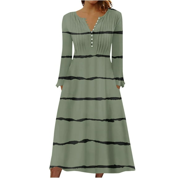 IROINNID Maxi Dress for Women Round Neck Long Sleeve Buttoned Folding Printed Dresses Deals,Olive Green