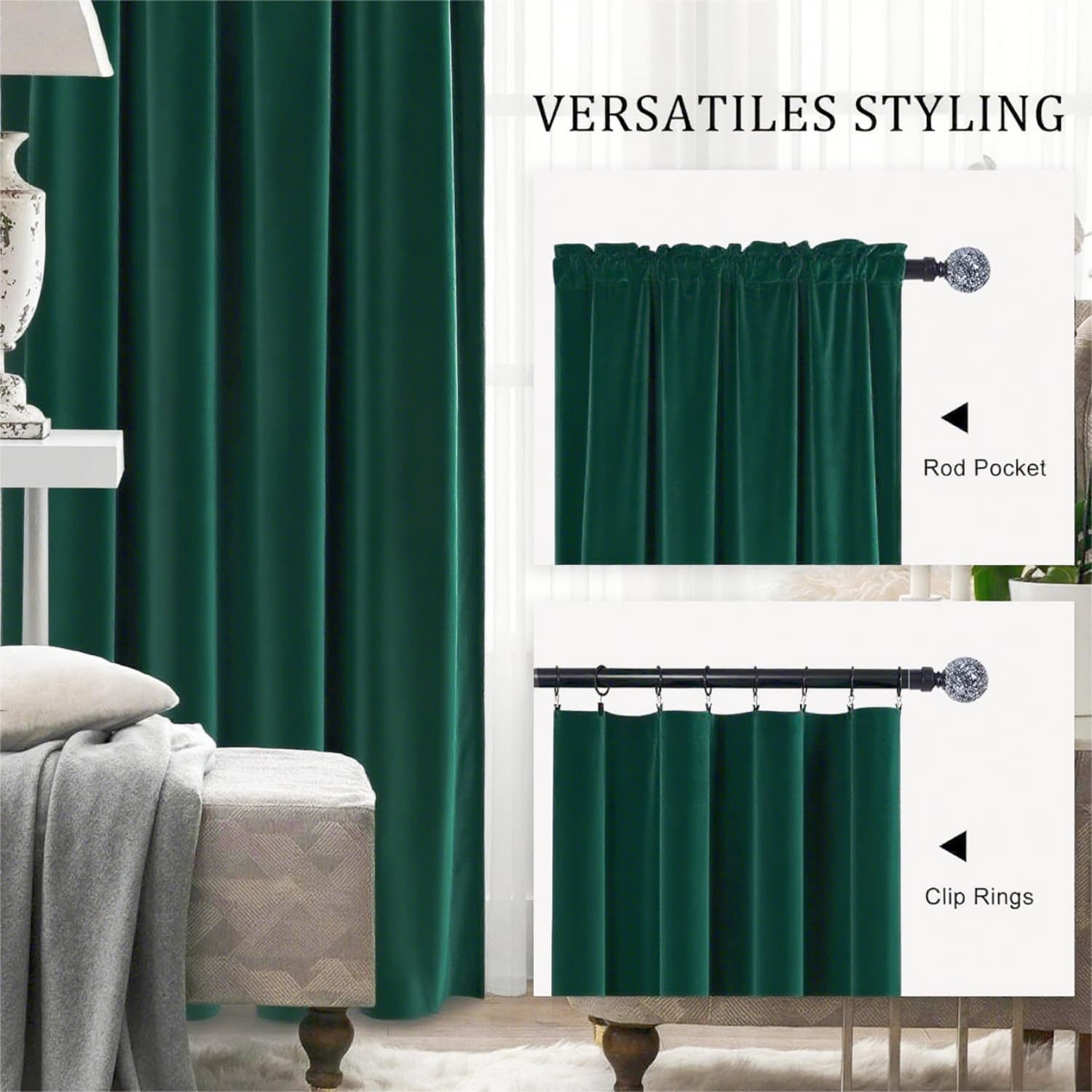 Dark Green 52 X 96 Velvet Curtains for Bedroom & Living Room, Thermal Insulated Light Filtering Drapes, Noise Reducing Rod Pocket Window Treatments, 2 Panels