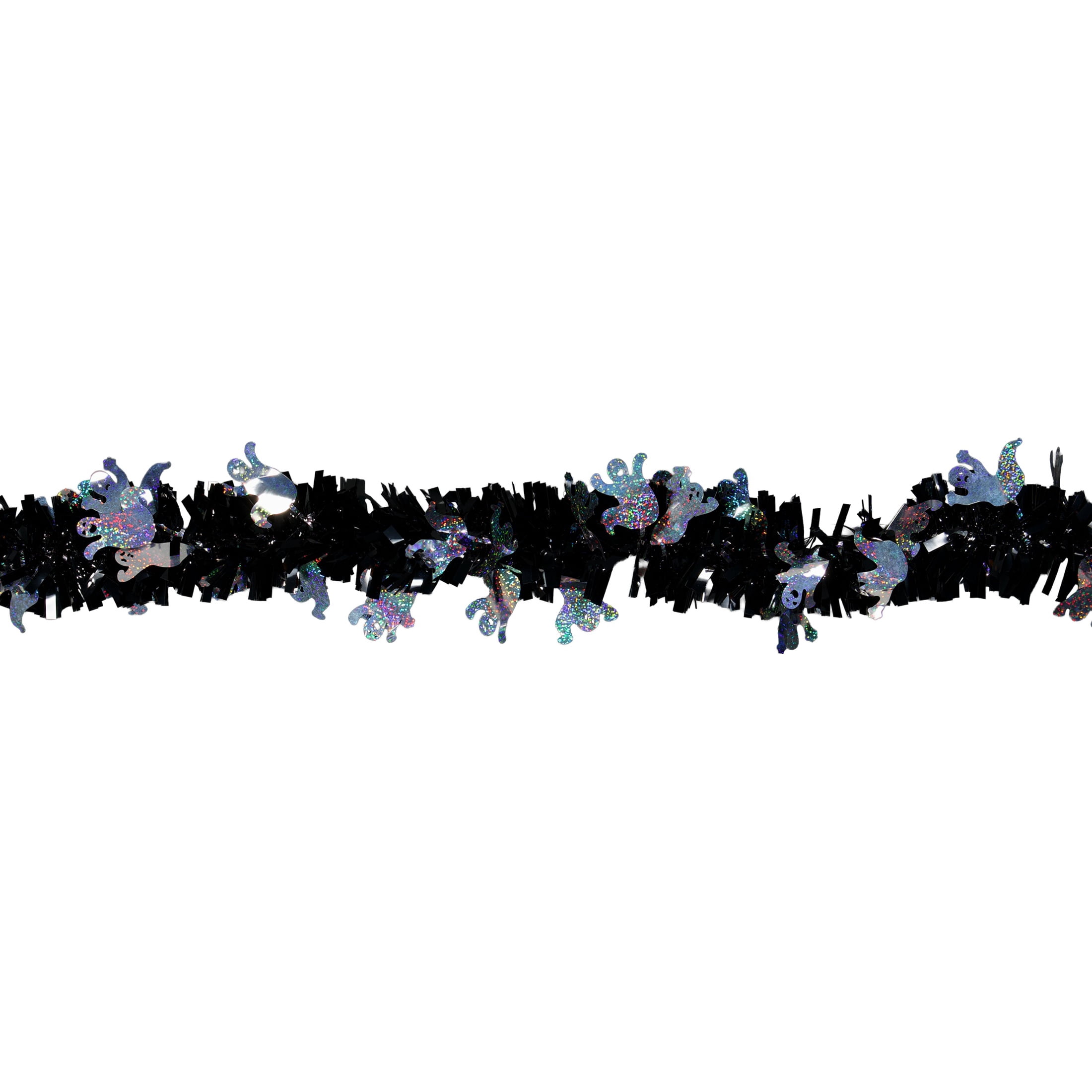 Tinsel Garland with Ghost Cut-Outs, Silver and Black, 12', Halloween by Way To Celebrate