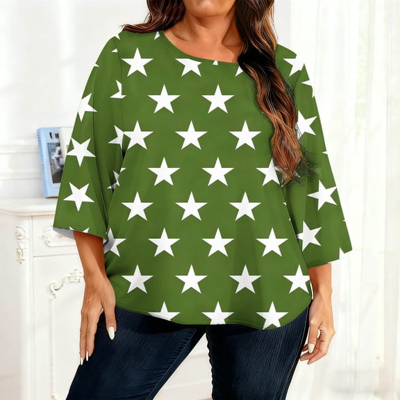 CLOISE Womens 3/4 Sleeve Tops Plus Size Shirts Crewneck Casual Pullover Print Summer Blouses Green 4XL