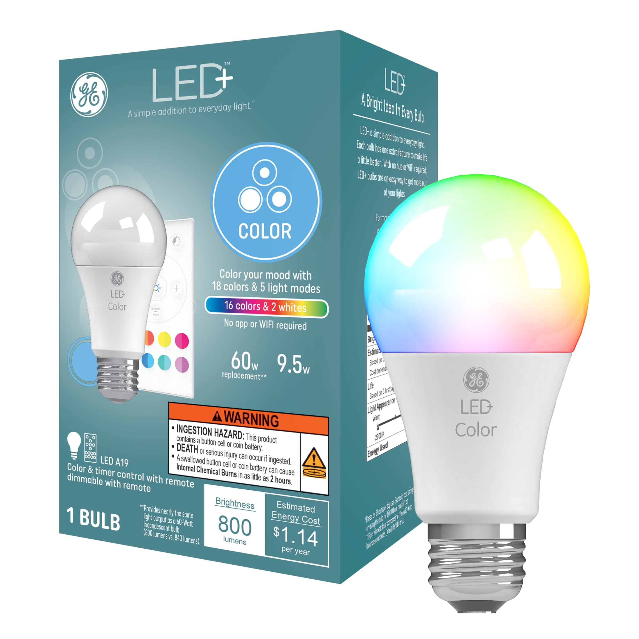 (4 pack) GE LED+ Color Changing LED Light Bulbs, 9.5 Watt, A19 Bulbs, Medium Base