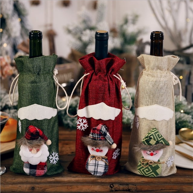 3 artículos de decoración navideña juego de botellas de vino champán bolsa para botellas de vino vestido de mesa 30*14cm