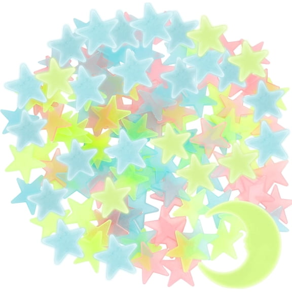 Glow in The Dark Stars for Ceiling, 100Pcs Colorful Glowing Stars and 1Pcs Moon Sticker 3D Star Stickers Plastic Glow Star for Ceiling Bedroom Wall Stickers Boys & Girls Room Decorations
