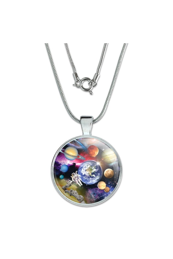 Solar System Planets Space Earth Saturn Jupiter Mars 1" Pendant with Sterling Silver Plated Chain