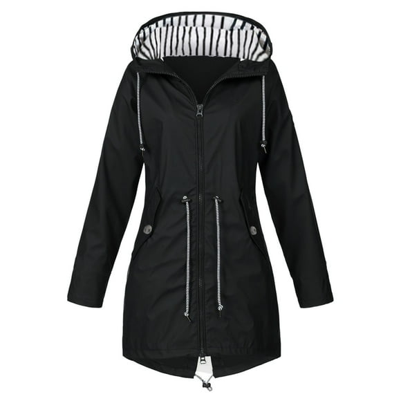 TJAZFJPA Womens Trench Coats Womens Rain Jacket with Hood Lightweight Long Sleeve Windbreaker Zip up Drawstring Raincoat with Pockets Blue Trench Coat Women Trench Coat for Women 2024 the Drop