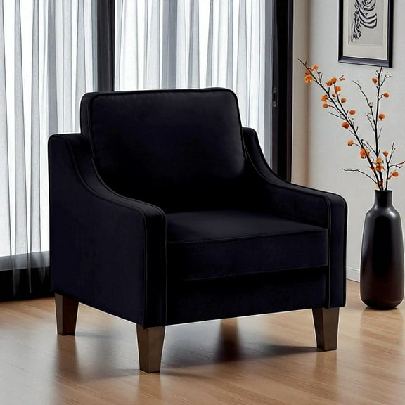 Hassch Black Velvet Upholstered Single Sofa Chair, Modern Accent Armchair with Scooped Armrests and Solid Wooden Legs, Cozy Comfy Seat for Bedroom, Living Room, Reading Corner
