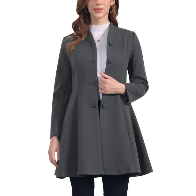 Abrigo de invierno para mujer INSPIRE CHIC, corte A, de manga larga, con botonadura simple, dobladillo peplum, largo, color gris oscuro
