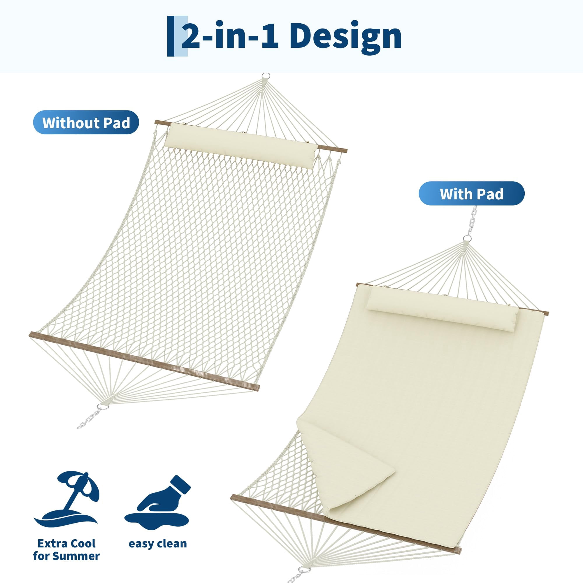 12FT Hammocks for 2 Person Indoor Outdoor, Quilted Fabric Hammock with Spreader Bar, Large Removable Pillow, Storage Pockets, Carabiners, Max 450 Lbs Capacity, Beige
