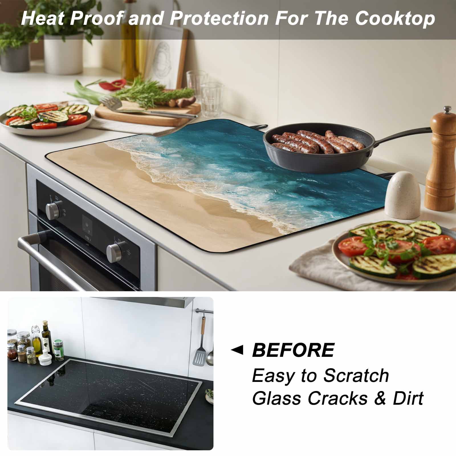 Teal Coastal Stove Top Cover for Electric Stove, Heat-proof & Non Slip Glass Top Stove Cover Protector, Summer Beach Nautical Saeside Kitchen Flat Cooktop Rubber Mat 24x21 Inches