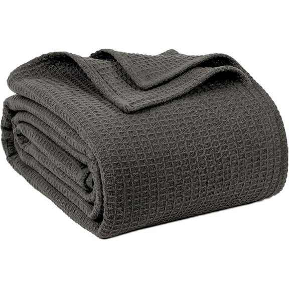 100% Cotton Blankets Queen Size for Bed - Waffle Weave Blankets for Summer, Lightweight and Breathable Soft Woven Blanket for Spring, (Dark Grey, Queen (90" x 90"))