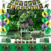 Incredible Hulk Party Pack - Happy Birthday Banner, Hanging Swirl, Backdrop, Cake Topper, Balloon, Plates, Napkins, Tablecloth - Superhero Birthday Set for Kids