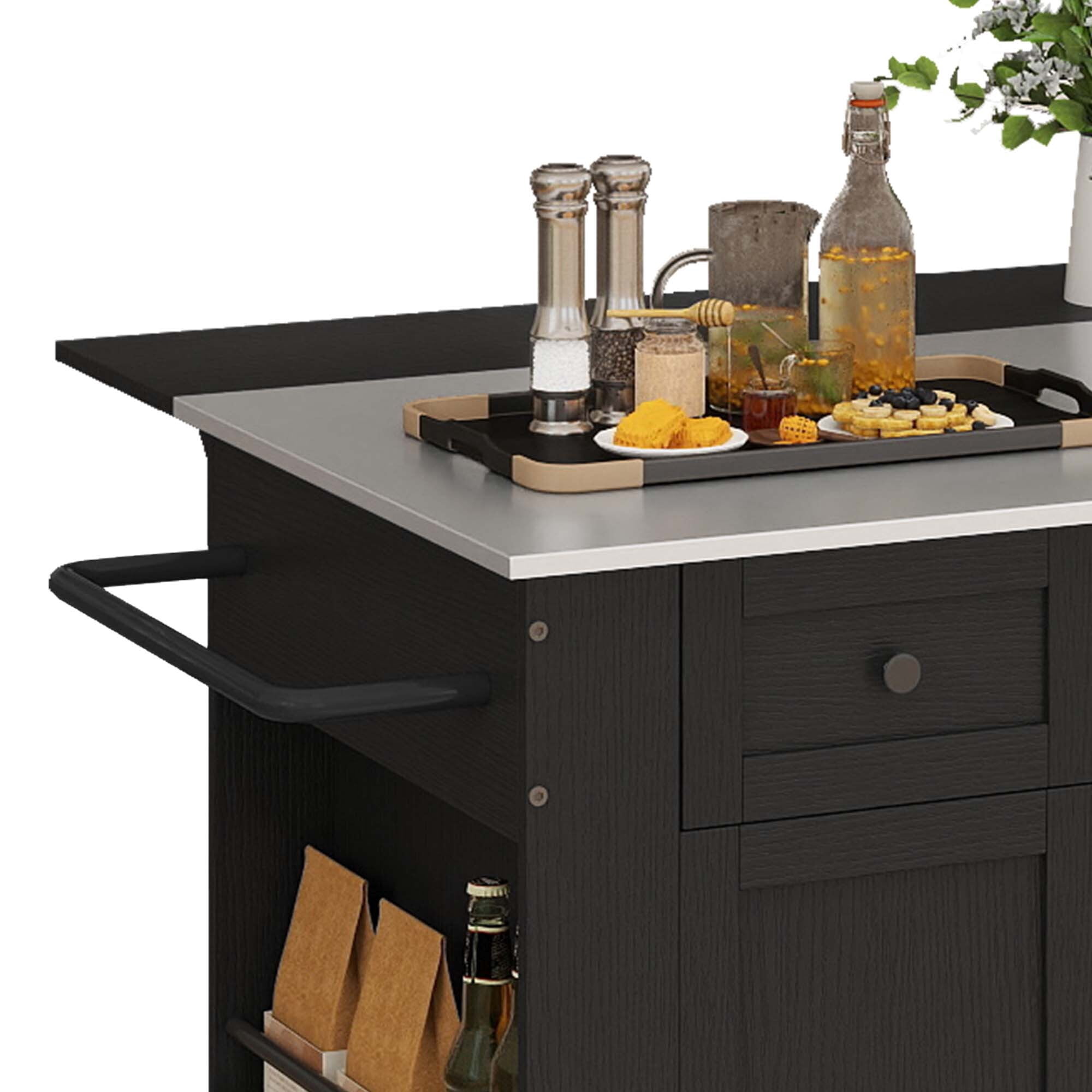 Uforic Kitchen Island with Storage & Drop Leaf, Kitchen Island Cart with Power Outlets, Black