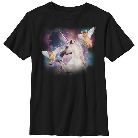 Boy's Lost Gods Unicorn and Flying Cats in Space Graphic Tee Black Medium