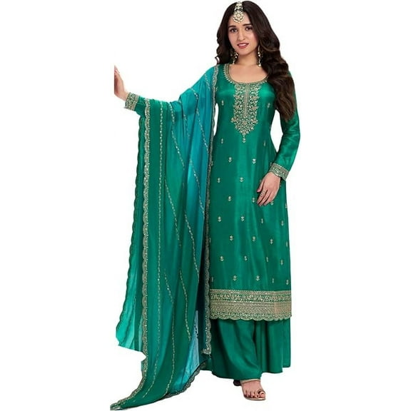 Pakistani Indian Reception Party Wear Designer Stitched Salwar Kameez Pant Suits ( Green, S - 38 )
