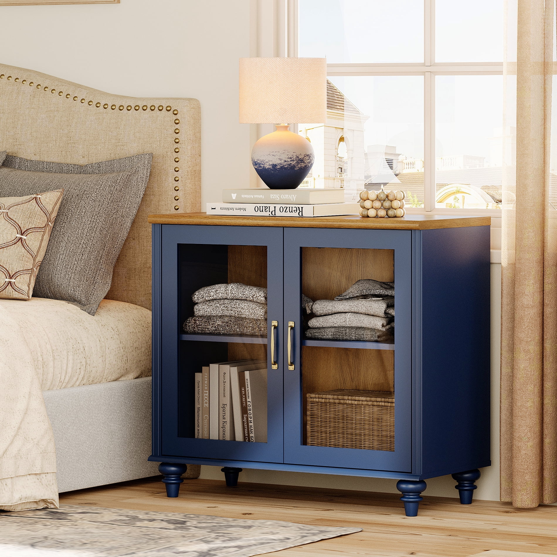 TV Stand for 43 Inch TV, Kitchen Buffet Sideboard with Glass Doors, TV Cabinet for Living Room and Dining Room, Navy Blue
