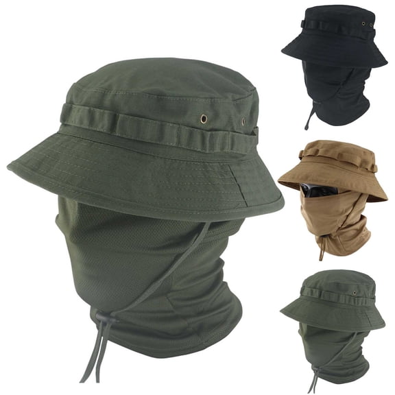 Men Women UPF 50 Adjustable Breathable Sun Hat Tactical Full Face Mask Balaclava Hood Headwear Motorcycle Hunting Wide Brim Bucket Hat for Fishing Hiking