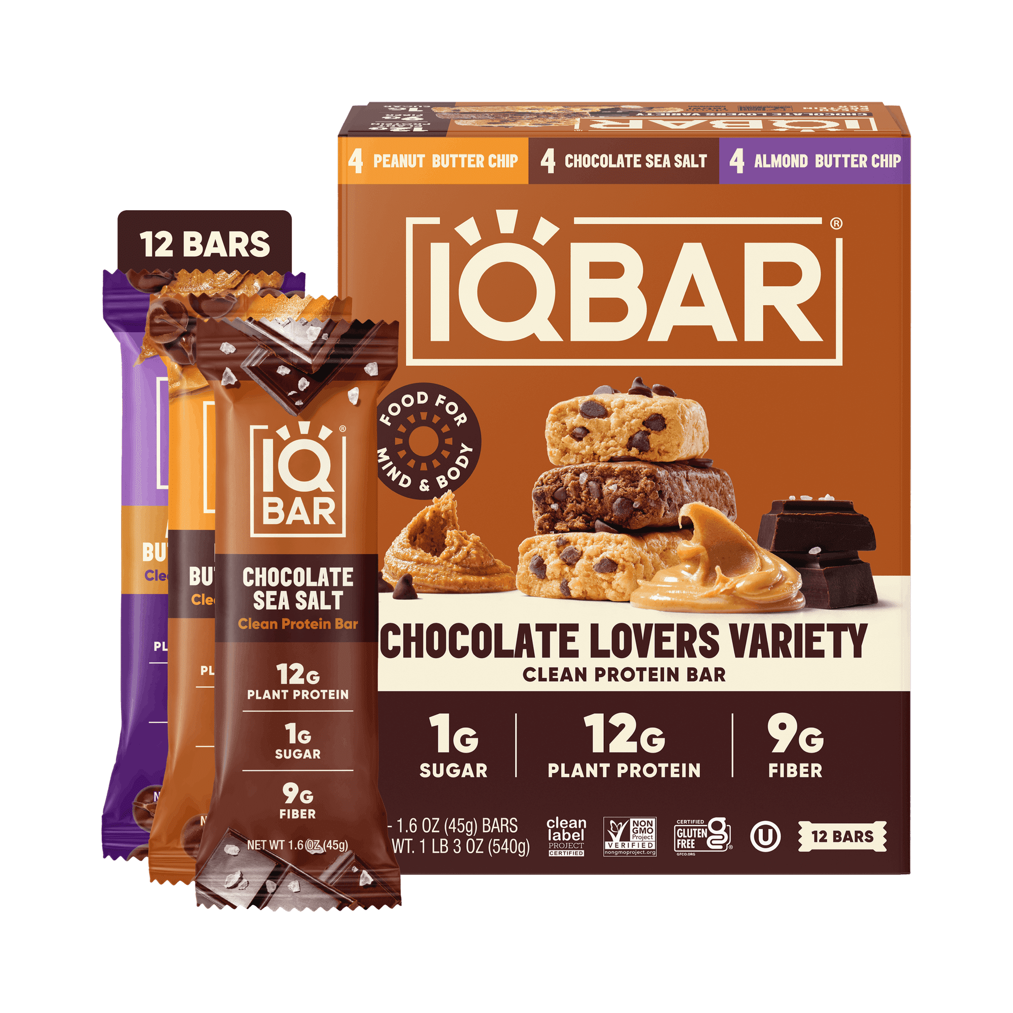 IQBAR Clean Plant Protein Bars - Chocolate Lovers Variety - 12 Count - Keto, Vegan, High Fiber, Gluten and Dairy Free, Low Sugar Snack