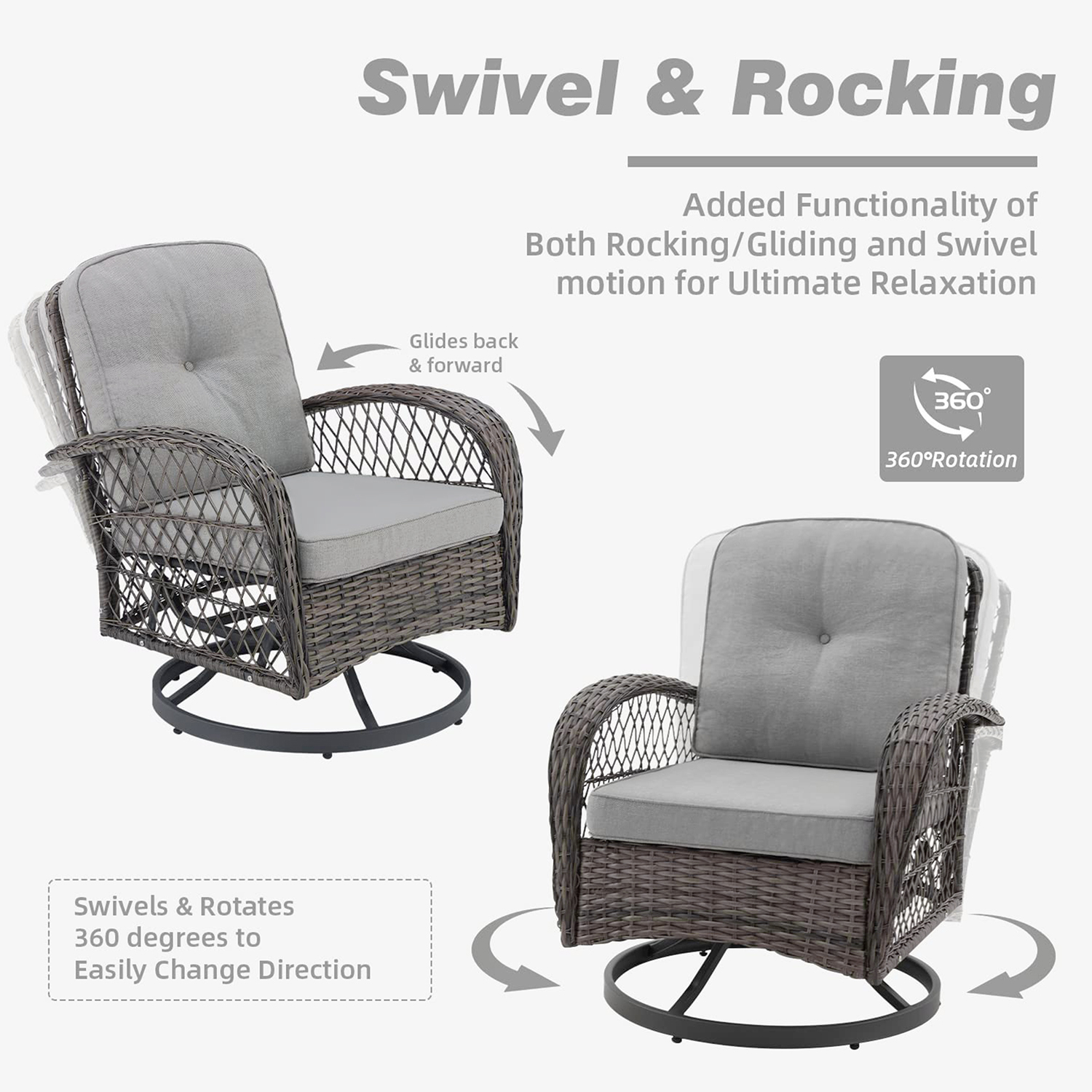 3-Piece Patio Bistro Furniture Set, 360° Patio Rattan Wicker Swivel Rocking Chair Set with Thickened Cushions and Glass Coffee Table, 275 LBS, Grey - image 5 of 10