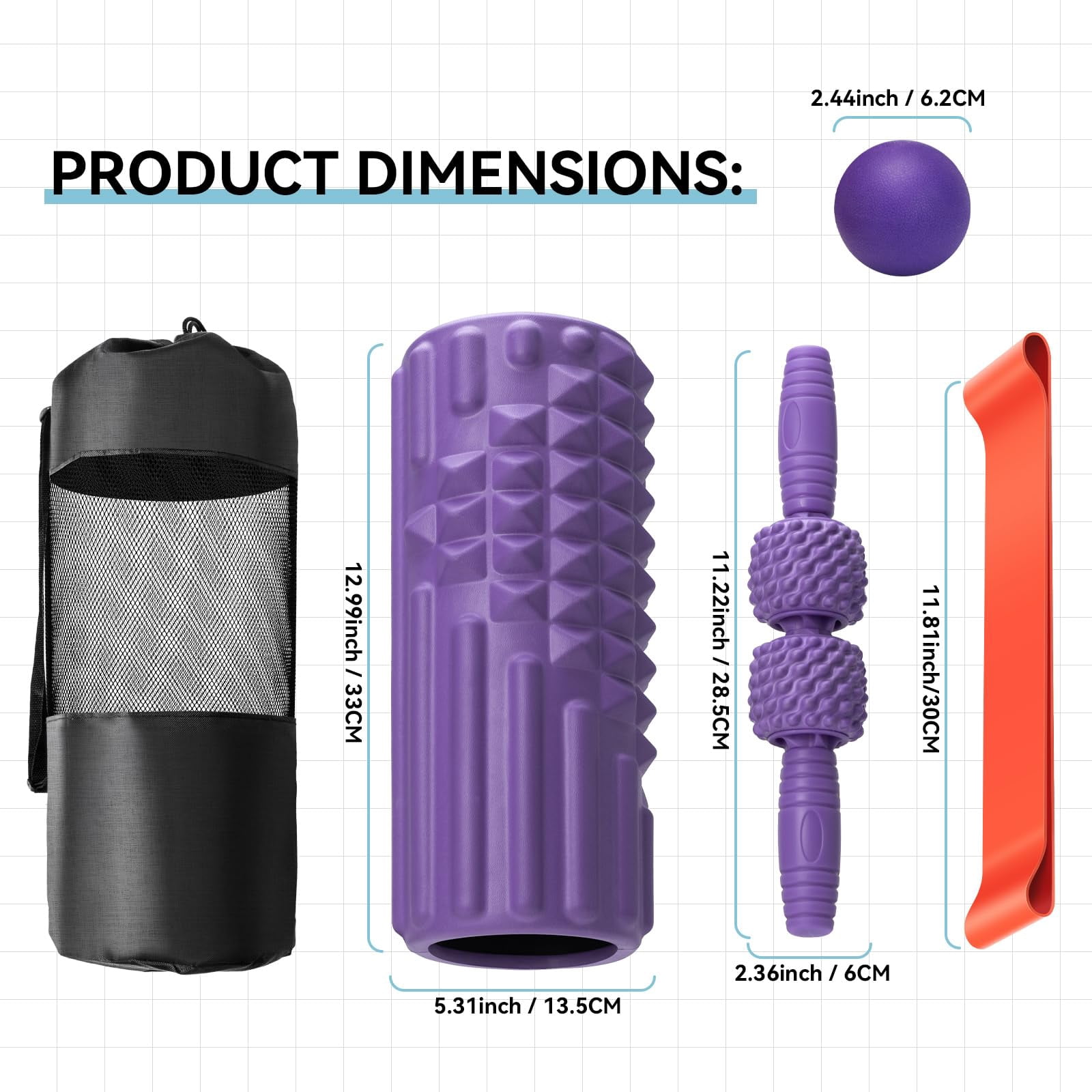 5 In 1 Foam Roller Set  High Density Fitness Exercise For Deep Tissue Massage Ball Resistance Band Whole Body(purple)