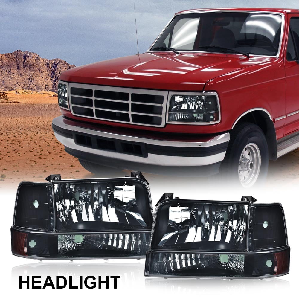 PIT66 Headlights, Fit for 92-96 Ford Bronco Smoke Lens Black Housing