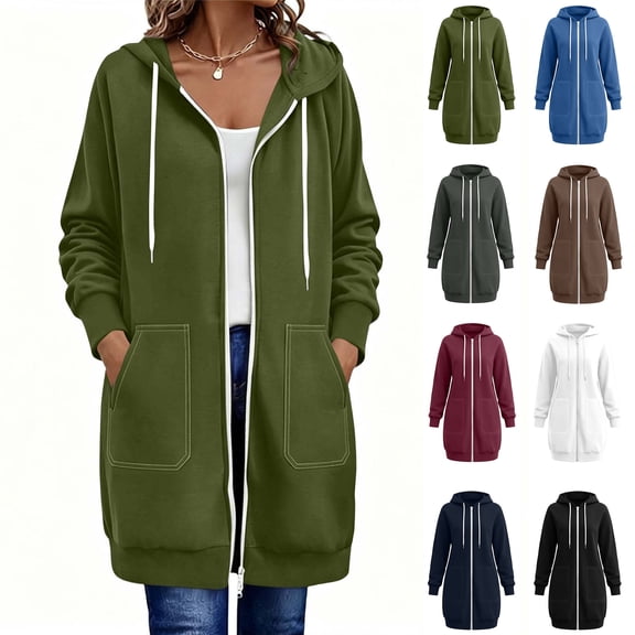 Xaqiouau Womens Solid Color Athleisure Coat Polyester Blend Relaxed Full Zip Drawstring Hooded Longline Sweatshirt Stitched Exterior Pocket Fall Winter Outerwear Green XL