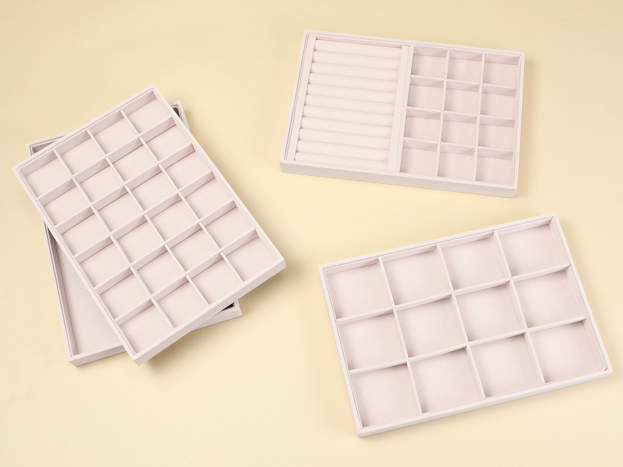 Unique Bargains 2pcs Stackable Velvet Jewelry Organizer Trays with Removable Dividers Light Pink-24 Grid Tray