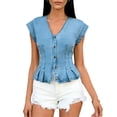 thumbnail image 2 of Women's Denim Vest Trendy Cap Sleeve V Neck Button Down Jean Vest Tops for Summer Crop Waistcoat Light Blue, 2 of 6