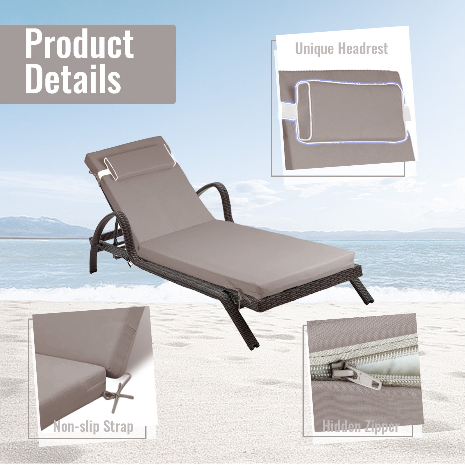 SDJPOI Outdoor Chaise Lounge Cushions, 72×21×3in Patio Chair Cushion for Pool & Beach（Khaki）