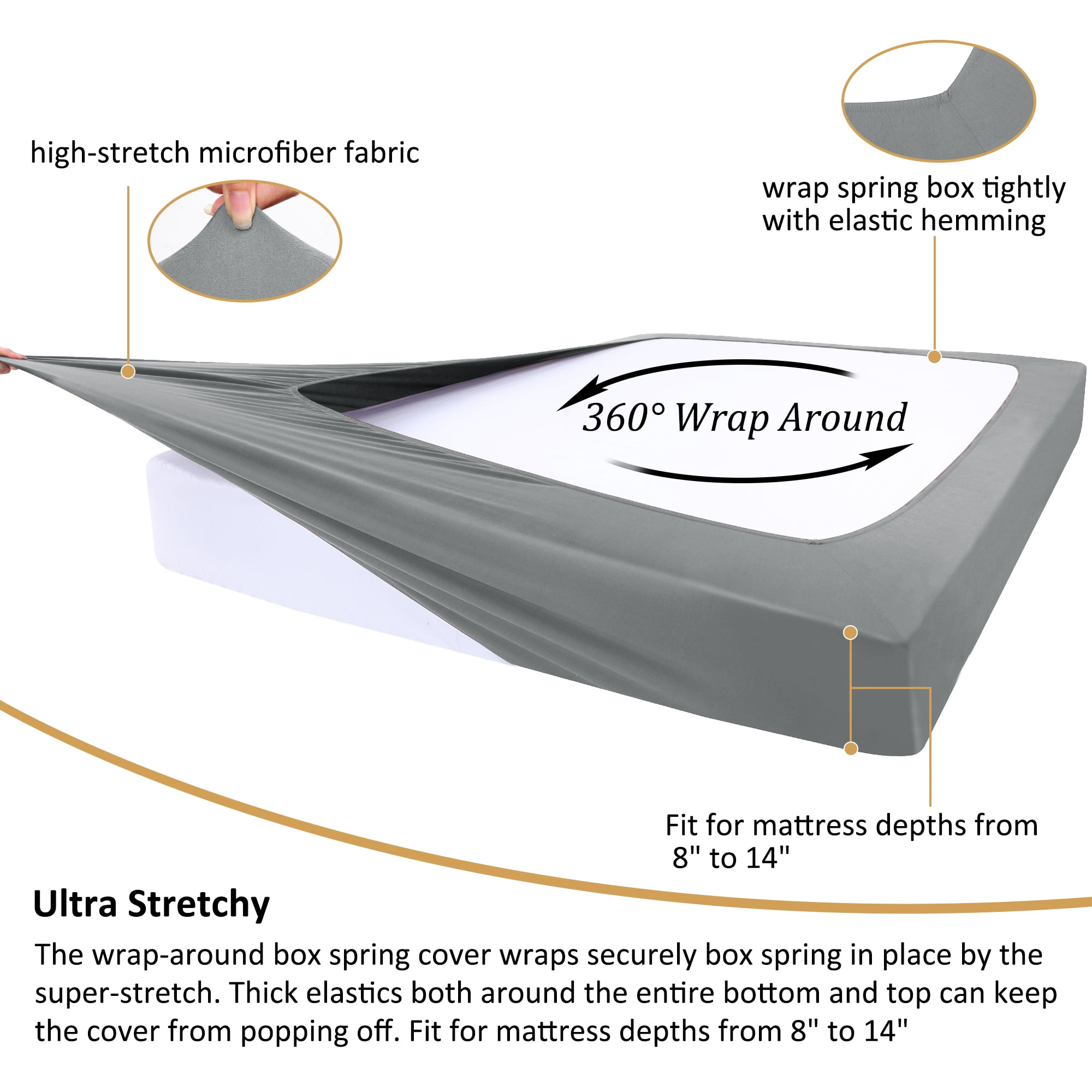 REGALWOVEN Box Spring Cover Stretchy Fabric Wrap Around 4 Sides Bed Skirt Wrinkle Free for Home Cadet Grey Queen