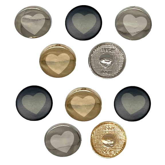 Heart Solid Set of 10 Metal 0.6" (15mm) Sewing Shank Round Buttons - Gold Color
