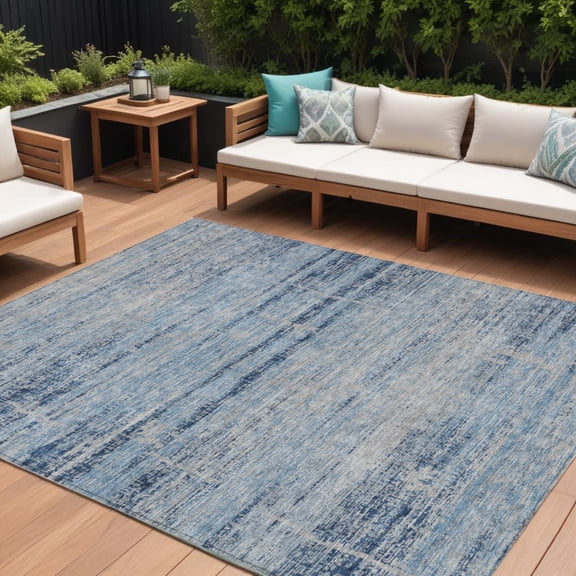 9' X 12' Sky Blue And Navy Blue Abstract Washable Indoor Outdoor Area Rug
