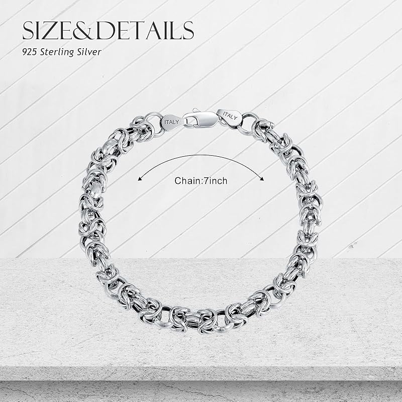 6MM Byzantine Chain Bracelet Solid 925 Sterling Silver Man Link Bracelet Made in Italy with Lobster Clasp for Men Women Size 7/8/9