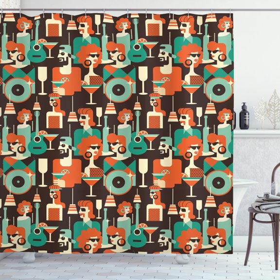 Retro Shower Curtain, Dressed People and Musical Instruments at a Party, Fabric Bathroom Set with Hooks, 69W X 70L Inches, Taupe Multicolor, by Ambesonne