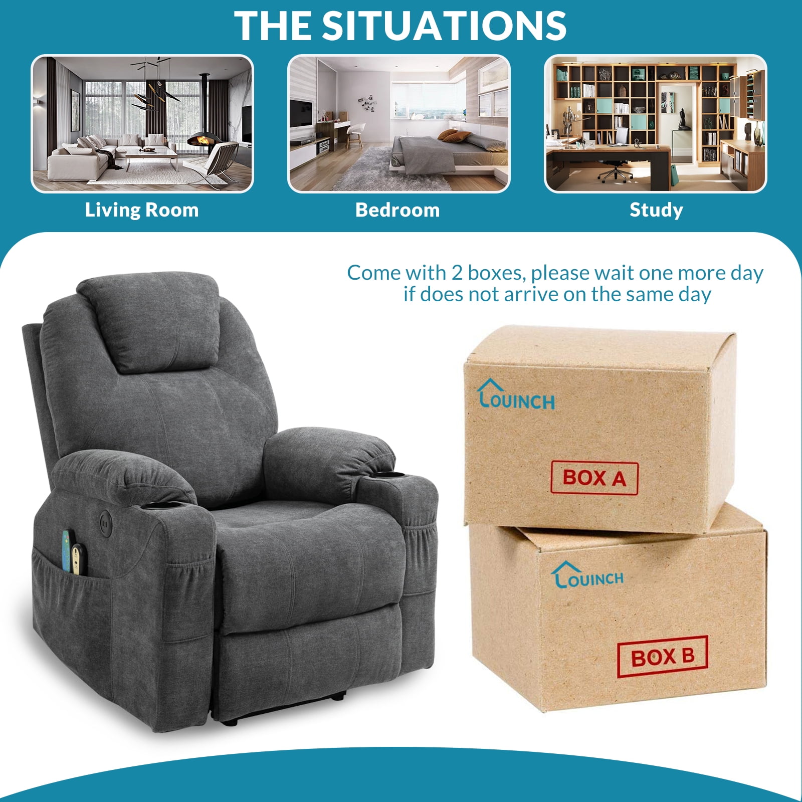 OUINCH Power Lift Recliner Chair, Electric Massage & Heated, Fabric with USB & Cup Holders, Grey