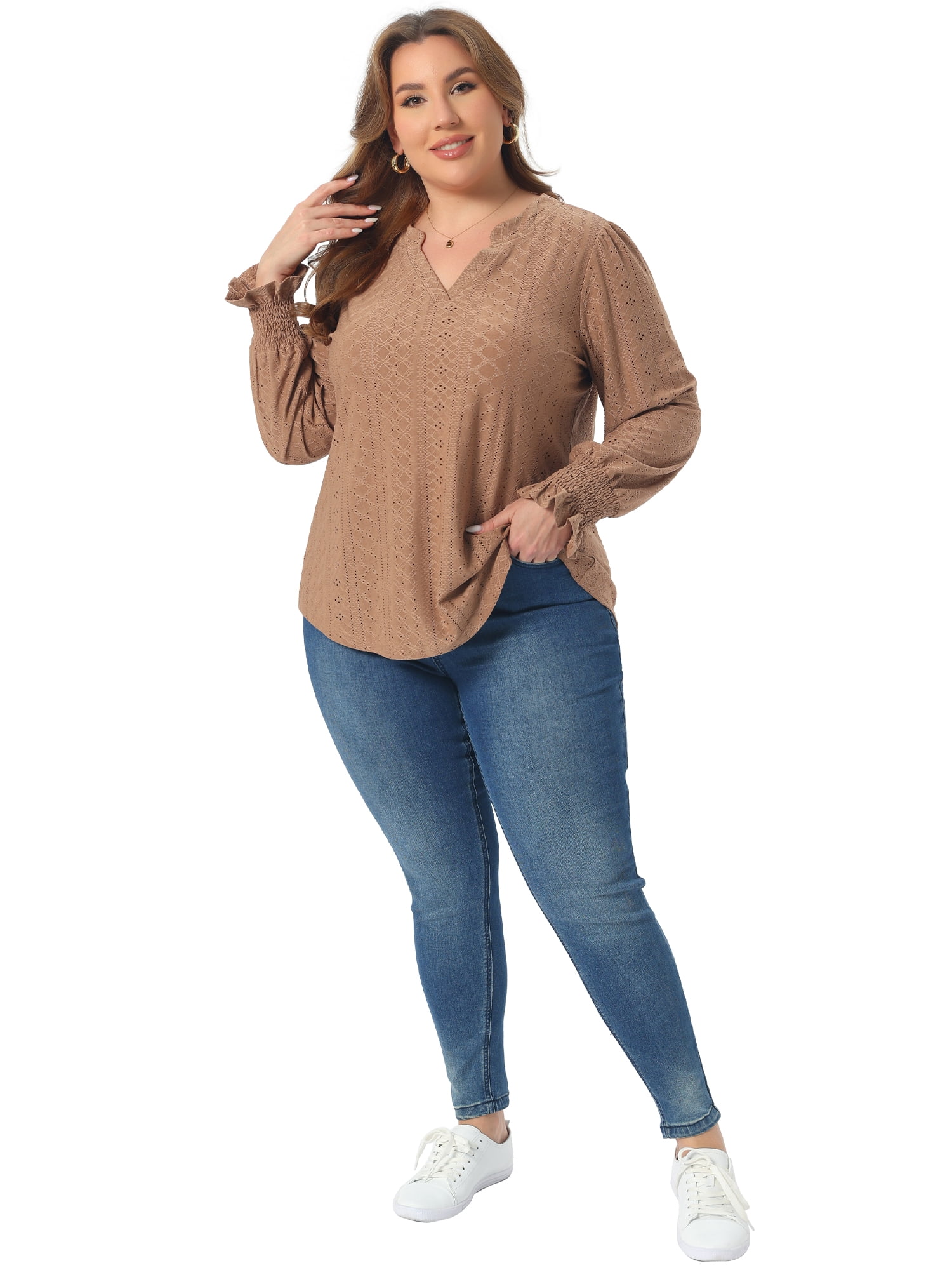 DARING DIVA Women's Plus Notched V Neck Eyelet Smocked Shirts Blouses 1X Brown
