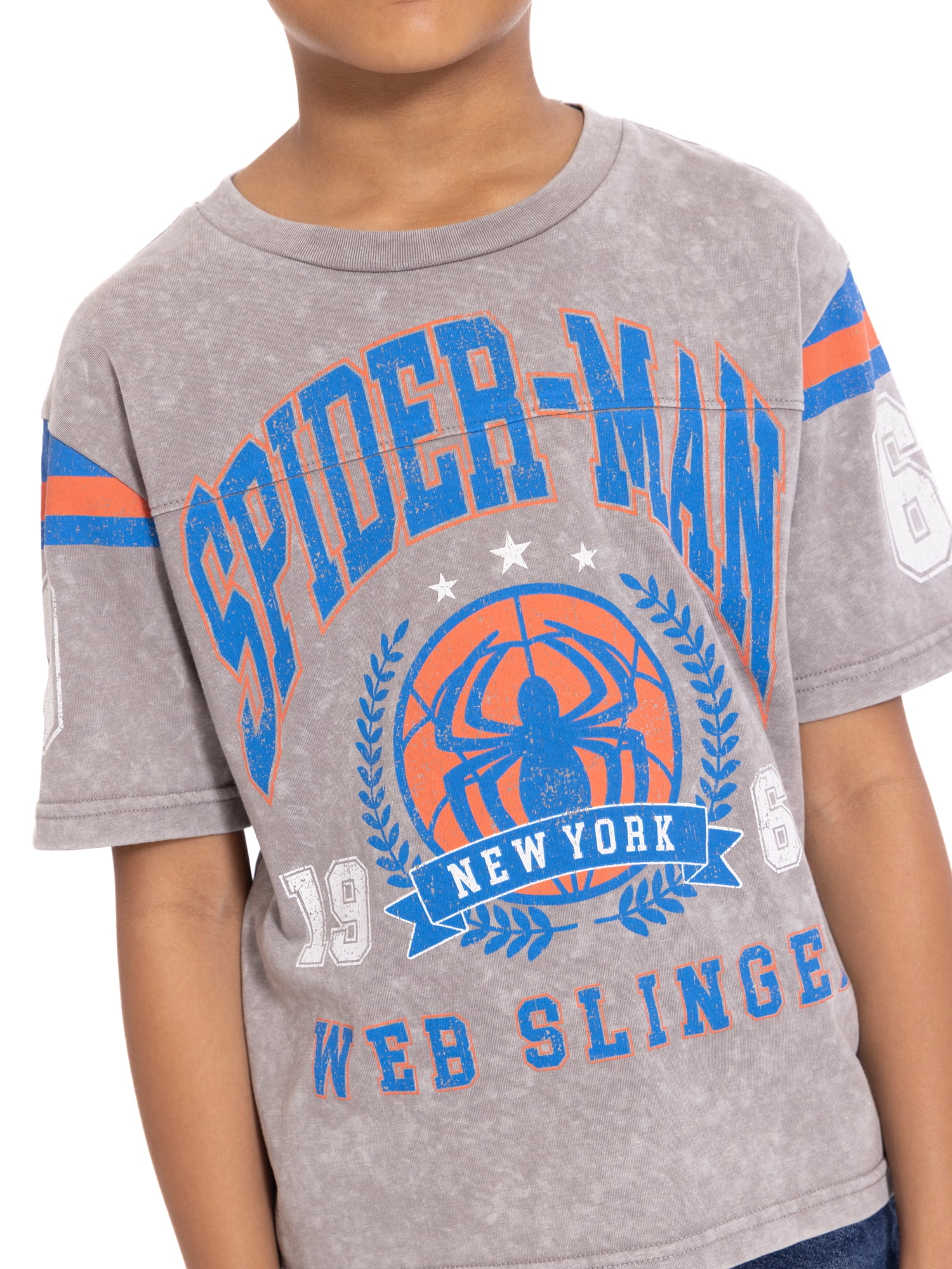 Spider-Man Boys Mineral Washed Graphic Football Tee with Short Sleeves, Sizes 4-18