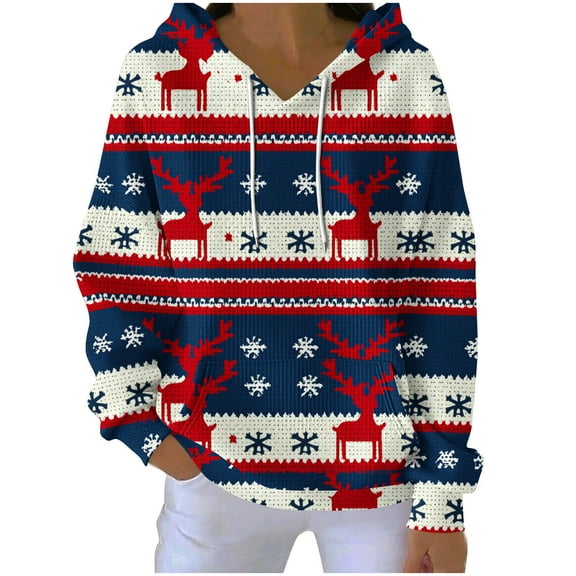 Lorytime Christmas Fleece Hoodies for Women Snowflakes Stripes Print Sweatshirt Long Sleeve Pullover with Pocket Tops